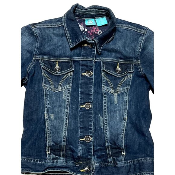 VTG HANG TEN DENIM TRUCKER JACKET SZ S BLUE CROPPED FACTORY DISTESSED WOMENS - Picture 2 of 5